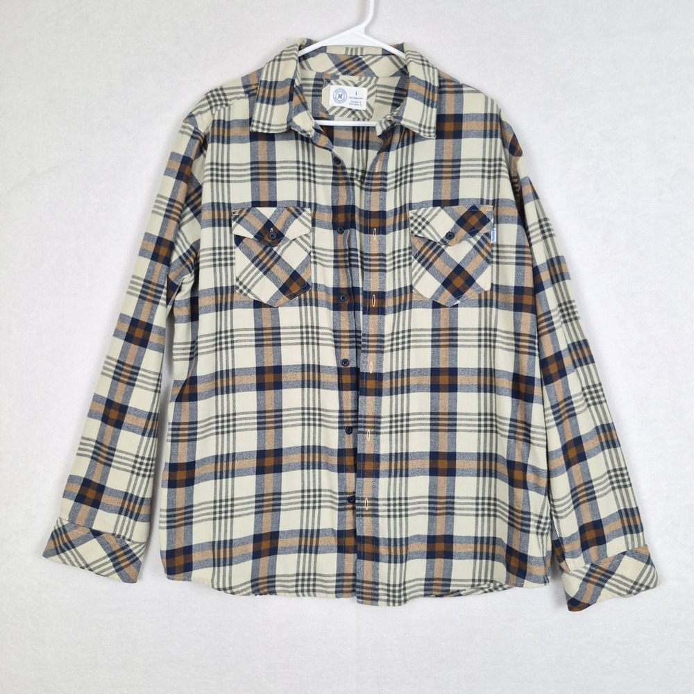 Hurley Mens Plaid Flannel Button Down Shirt Large Cream Navy Brown Fall Layers